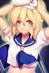  &gt;:) adjusting_clothes adjusting_hat arms_up blonde_hair blush collarbone commentary_request crop_top hair_between_eyes hat kaiza_(rider000) kitashirakawa_chiyuri looking_at_viewer parted_lips puffy_short_sleeves puffy_sleeves sailor sailor_hat short_sleeves smile solo touhou touhou_(pc-98) upper_body v-shaped_eyebrows yellow_eyes 