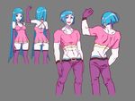  1girl abs adonis_belt aqua_hair character_sheet crop_top denim dress elbow_gloves genderswap genderswap_(ftm) gloves grey_background highres japan_animator_expo jeans long_hair me!me!me! meme_(me!me!me!) multiple_views muscle pale_skin pants patt-fry purple_eyes purple_gloves reference_photo_inset short_hair simple_background skin_tight sleeveless sleeveless_dress smile turnaround white_skin 