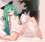  after_sex ass_visible_through_thighs bare_legs barefoot blush bow breasts covered_navel covering cum cumdrip dutch_angle feet green_eyes green_hair hair_between_eyes hair_bow hair_ornament hairclip hand_on_own_chest head_tilt indoors jewelry kantai_collection leaning_back long_hair looking_at_viewer nude_cover on_bed ring see-through sitting small_breasts smile solo spread_legs toes towel wedding_band wet wet_towel yaguo yamakaze_(kantai_collection) 