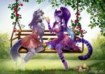  2017 aomori barefoot canine cat chick clothing day detailed_background digitigrade dress etskuni feline grass hair mammal outside purple_hair sitting smile 