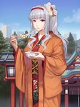 bowl building chopsticks cloud day eating eyebrows_visible_through_hair floral_print flower hair_flower hair_ornament hairband highres holding idolmaster idolmaster_(classic) japanese_clothes kimono long_hair long_sleeves looking_at_viewer mikado_(winters) outdoors parted_lips ponytail red_eyes revision shijou_takane shiruko_(food) shrine silver_hair sky solo tree wide_sleeves 