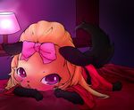  aru-wai-o bed bedding black_fur blanket blush bow canine clothing dog eyelashes female feral fur hair inside jewelpet lamp looking_at_viewer mammal open_mouth pillow purple_eyes sanrio solo tan_fur terrier topaz_(jewelpet) yorkshire_terrier 