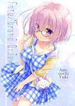  3: ameto_yuki artist_name bag between_breasts blush breasts circle_name collarbone copyright_name dress fate/grand_order fate_(series) fou_(fate/grand_order) glasses hair_over_one_eye highres large_breasts looking_at_viewer mash_kyrielight plaid plaid_dress purple_eyes purple_hair shiny shiny_hair short_hair solo strap_cleavage 