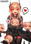  &gt;:d 5girls :d armband artist_name black_gloves blush chibi eyes_closed fang girls_frontline gloves heart highres jacket long_hair long_sleeves looking_at_viewer m4_sopmod_ii_(girls_frontline) multicolored_hair multiple_girls open_mouth pink_hair pixel_heart red_eyes red_hair simple_background smile spoken_heart streaked_hair white_background xanax025 