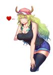  ;) absurdres bangs bare_shoulders baseball_cap black_eyes black_legwear black_shirt blonde_hair blue_hair blue_shorts blush breasts cleavage closed_mouth collarbone covered_nipples cowboy_shot denim denim_shorts dragon_girl dragon_horns eyebrows_visible_through_hair eyelashes fingernails gradient_eyes gradient_hair green_hair hair_between_eyes hand_on_breast hand_on_lap hand_up hat heart highres horns kobayashi-san_chi_no_maidragon large_breasts leaning_forward legs_together lips long_hair looking_at_viewer multicolored multicolored_eyes multicolored_hair one_eye_closed pink_hat pink_lips purple_eyes quetzalcoatl_(maidragon) shirt short_shorts shorts simple_background sleeveless slit_pupils smile solo standing tank_top thighhighs wavy_hair white_background yellow_pupils yin_lan_xue 