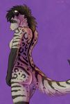  african_civet anthro black_hair breasts civet female gloves_(marking) hair mammal marjani markings nipples pink_nose purple_background side_boob simple_background solo spots standing stripes viverrid yellow_eyes 