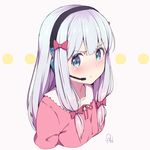  :t arms_at_sides artist_name azumi_akitake blue_eyes blush bow commentary_request eromanga_sensei hair_between_eyes hair_ribbon headset izumi_sagiri long_hair looking_at_viewer microphone pajamas pink_bow pout ribbon sidelocks signature silver_hair simple_background solo v-shaped_eyebrows white_background 