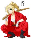  1girl banchou bandages belt blonde_hair fate/apocrypha fate/grand_order fate_(series) green_eyes mordred_(fate) mordred_(fate)_(all) onsoku_maru pout sarashi short_hair simple_background solo squatting sword weapon white_background wooden_sword 