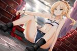  arm_support belt black_footwear blonde_hair blurry blurry_background boots fate/apocrypha fate_(series) flat_chest jewelry long_hair looking_at_viewer minato_yoshihiro mordred_(fate) mordred_(fate)_(all) necklace ponytail shorts sitting sleeveless smile solo spread_legs teeth wall 