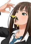  1girl brown_hair car cardigan eating formal giantess green_eyes ground_vehicle hanging_on highres idolmaster idolmaster_cinderella_girls jewelry kuro_oolong long_hair motor_vehicle necklace necktie school_uniform shibuya_rin short_hair solo_focus suit white_background 