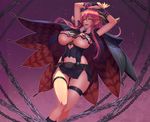  antenna_hair arms_up asmodeus_(the_seven_deadly_sins) belt blush breasts cape chain commentary_request covered_nipples damegane fangs green_eyes highres large_breasts long_hair navel open_mouth pencil_skirt pink_hair pointy_ears skirt solo the_seven_deadly_sins thigh_strap underboob 