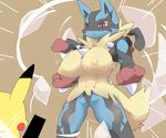  1boy 1girl artist_request breasts censored furry large_breasts lucario mega_lucario nipples pikachu pokemon red_eyes 