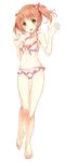  ass_visible_through_thighs barefoot bikini breasts brown_hair cleavage floral_print frilled_bikini frills front-tie_top full_body jinbara_tatsuichi long_hair looking_at_viewer navel open_mouth original simple_background skindentation small_breasts smile solo swimsuit thigh_gap twintails waving white_background white_bikini yellow_eyes 
