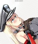  bare_shoulders bismarck_(kantai_collection) blonde_hair blue_eyes breasts collar elbow_gloves gloves grey_gloves hair_between_eyes hands_on_own_chest hat hayakawa_akari impossible_clothes kantai_collection large_breasts long_hair parted_lips peaked_cap solo striped striped_background 