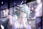  aqua_hair architecture bangs blush breasts bug butterfly chin_rest cleavage commentary_request dragon_girl dragon_horns east_asian_architecture eyebrows_visible_through_hair fate/grand_order fate_(series) fuu_(fuore) hair_between_eyes hair_ornament highres horns insect japanese_clothes kimono kiyohime_(fate/grand_order) large_breasts moon night night_sky sidelocks sky solo tree white_kimono yellow_eyes 