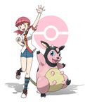  :3 :d akane_(pokemon) arms_up bangs black_shirt blue_shorts breasts buttons clenched_hand collarbone cow eyelashes full_body gen_2_pokemon gym_leader hair_between_eyes hair_ornament highres horns kneehighs leg_up looking_at_viewer medium_breasts miltank official_style open_mouth pink_eyes pink_hair poke_ball pokemon pokemon_(creature) pokemon_(game) pokemon_hgss shadow shirt shoes short_hair short_sleeves short_twintails shorts simple_background smile standing standing_on_one_leg striped striped_legwear tareme teru_zeta tongue twintails udder undershirt v-neck white_background white_shirt 