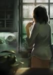  alternate_costume biwaman black_hair blurry cup cupboard depth_of_field eating from_behind highres indoors kantai_collection kiso_(kantai_collection) kitchen light light_particles long_sleeves mug no_pants plate rain shirt short_hair solo steam thighs white_shirt window 