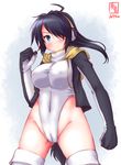  ahoge artist_logo black_hair black_jacket blue_eyes blush cameltoe cosplay covered_navel covered_nipples cowboy_shot dated emperor_penguin_(kemono_friends) emperor_penguin_(kemono_friends)_(cosplay) hair_over_one_eye headphones highleg highleg_leotard highres jacket kako_(kantai_collection) kanon_(kurogane_knights) kantai_collection kemono_friends leotard long_hair looking_at_viewer signature solo standing thighhighs white_legwear white_leotard 