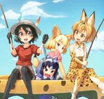  animal_ears bag black_legwear blue_sky blush bow bowtie cloud common_raccoon_(kemono_friends) day elbow_gloves fennec_(kemono_friends) fish fishing fishing_rod fox_ears fox_tail fur_collar gloves gradient_hair half-closed_eyes hat hat_feather helmet japari_bus kaban_(kemono_friends) kemono_friends kuroneko_shiro looking_back multicolored_hair multiple_girls open_mouth outdoors pantyhose pith_helmet puffy_short_sleeves puffy_sleeves raccoon_ears raccoon_tail serval_(kemono_friends) serval_ears serval_print serval_tail shirt short_hair short_sleeves shorts sitting sky smile tail two-tone_hair 