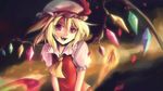  blonde_hair blurry clear_echoes cropped dress fang flandre_scarlet hat highres jpeg_artifacts mob_cap open_mouth puffy_short_sleeves puffy_sleeves red_dress red_eyes short_sleeves smile third-party_edit touhou wings 