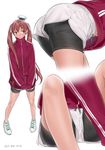  alternate_costume ama_mitsuki bent_over bike_shorts bike_shorts_under_shorts bow brown_eyes brown_hair casual commentary contemporary dark_skin dated eyebrows_visible_through_hair full_body gym_shorts hair_between_eyes hair_bow jacket kantai_collection libeccio_(kantai_collection) lips looking_to_the_side multiple_views parted_lips shoes shorts simple_background sitting sleeves_past_wrists sneakers sportswear thighs track_jacket twintails upshorts white_background zipper 