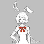  animal_ears bunny_ears carrot_(one_piece) grey_eyes grin hand_on_hip monochrome monster_girl one_piece rabbit_girl ribbon shawl simple_background smile sougingga spot_color 