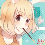  :3 animal_ears black_eyes blonde_hair blush bunny_ears carrot_(one_piece) close-up dakoru_(portzzx) food monster_girl multicolored multicolored_background one_piece pocky pocky_day rabbit_girl solo tank_top 