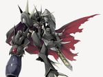  arm_cannon bandai cannon cape digimon horns looking_at_viewer mecha no_humans omegamon omegamon_zwart solo sword weapon 