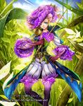  belt blonde_hair blue_eyes boots cardfight!!_vanguard character_name coga company_name curly_hair day flower gloves grass hat leaf lisianthus_musketeer_loraine long_hair makeup official_art one_eye_closed sky solo sword weapon 