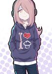  absurdres alternate_costume caibao casual collarbone cowboy_shot graphic_shirt hair_over_one_eye half-closed_eyes hands_in_pockets headphones highres hood hoodie i_heart... little_witch_academia long_hair orange_eyes pale_skin pants pink_hair simple_background smile solo sucy_manbavaran track_pants 