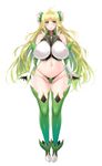  1girl ahoge aoi_nagisa_(artist) aoi_nagisa_(metalder) black_gloves blonde_hair blue_eyes breasts detached_sleeves elf erect_nipples flower full_body gloves gradient_hair green_hair hair_flower hair_ornament hands_together highres huge_breasts long_hair looking_at_viewer lucy_menelumia multicolored_hair navel pointy_ears simple_background smile solo thighhighs thong very_long_hair white_background youkoso!_sukebe_elf_no_mori_e youkoso!_sukebe_elf_no_mori_he 