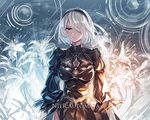  back_cutout black_dress cleavage_cutout copyright_name dress feather-trimmed_sleeves hair_over_one_eye hairband long_sleeves looking_at_viewer mole mole_under_mouth nier_(series) nier_automata no_blindfold revision short_hair side_slit silver_hair solo yasuno_(airy_light) yorha_no._2_type_b 