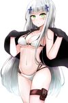  bikini blush commentary_request cowboy_shot cross_hair_ornament girls_frontline green_eyes hair_ornament hairclip hakuya_(white_night) highleg highleg_bikini hk416_(girls_frontline) long_hair looking_at_viewer multi-strapped_bikini o-ring o-ring_top shiny shiny_hair silver_hair simple_background solo swimsuit teardrop thigh_strap very_long_hair white_background white_bikini 