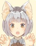  :o animal_ears bangs beige_background bob_cut brown_eyes claw_pose commentary_request fangs grey_hair looking_at_viewer nekomegane open_mouth original portrait short_hair silver_hair simple_background solo teeth upper_body v-shaped_eyebrows 