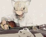  :o acoustic_guitar alternate_costume animal_ears blonde_hair bow bowtie bracelet cat_ears custom_(cus-tom) eyebrows eyebrows_visible_through_hair eyelashes food grey_background guitar hair_between_eyes instrument japari_bun jewelry kemono_friends long_sleeves mewhan multicolored_hair music no_gloves open_mouth playing_instrument sand_cat_(kemono_friends) shirt short_hair singing sketch solo streaked_hair striped striped_bow striped_neckwear tareme white_shirt yellow_eyes 