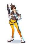 bodysuit bomber_jacket brown_hair brown_jacket cross-laced_legwear gloves goggles gun harness highres holding holding_gun holding_weapon jacket leather leather_jacket looking_at_viewer orange_bodysuit overwatch short_hair simple_background solo spiked_hair standing tracer_(overwatch) typo_(requiemdusk) weapon 