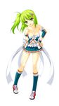  bare_shoulders beatmania beatmania_iidx belt blush breasts cleavage collarbone detached_sleeves eyebrows_visible_through_hair full_body green_eyes green_hair green_legwear hair_ornament hairclip hand_on_hip highres kinoshita_ichi kitami_erika long_hair looking_at_viewer medium_breasts midriff miniskirt open_mouth ponytail shoes side_ponytail simple_background skirt sneakers socks solo white_background wristband 