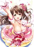  :d arm_up bare_shoulders blue_eyes breasts brown_eyes brown_hair choker cleavage dress flower gloves idolmaster idolmaster_cinderella_girls idolmaster_cinderella_girls_starlight_stage jewelry kurimomo large_breasts long_hair long_sleeves looking_at_viewer one_side_up open_mouth pendant rose shimamura_uzuki smile solo strapless strapless_dress sweat v white_gloves yellow_flower yellow_rose 