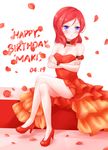  bare_shoulders blush dress flower happy_birthday love_live!_school_idol_project nishikino_maki red_hair short_hair sofa violet_eyes 