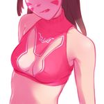  alternate_costume bangs breasts brown_hair bunny_cutout character_name cleavage_cutout close-up clothes_writing covered_nipples d.va_(overwatch) facepaint facial_mark head_out_of_frame licking_lips long_hair midriff overwatch pink_shirt shirt simple_background sleeveless sleeveless_shirt small_breasts solo swept_bangs temproar tongue tongue_out unfinished upper_body whisker_markings white_background 