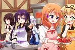  5girls :o apron bassa blonde_hair blue_apron blue_eyes blue_hair blueberry blush brown_hair closed_eyes commentary cutting_board eyebrows_visible_through_hair food fruit gochuumon_wa_usagi_desu_ka? green_eyes hair_ornament hairclip highres hoto_cocoa index_finger_raised kafuu_chino kirima_sharo long_hair looking_at_another multiple_girls open_mouth orange_hair oven pointing purple_apron purple_eyes purple_hair red_apron short_hair smile sparkle sparkling_eyes strawberry tedeza_rize tippy_(gochiusa) twintails ujimatsu_chiya v-shaped_eyebrows x_hair_ornament yellow_apron 