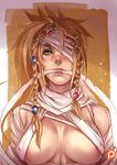  bandage_over_one_eye bandages blonde_hair braid breasts covered_nipples final_fantasy final_fantasy_x final_fantasy_x-2 green_eyes kachima large_breasts mummy_costume open_mouth patreon_logo rikku signature solo twin_braids upper_body 