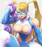  abs bare_shoulders blonde_hair blue_leotard breasts brown_eyes cleavage cleavage_cutout heavy_breathing knee_pads large_breasts leotard long_hair mask noppo_(tarstation) rainbow_mika revealing_clothes sitting solo street_fighter street_fighter_v sweat toned towel twintails wrestling_outfit 