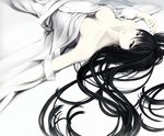  black_eyes black_hair breasts breasts_apart erise hair_between_eyes hair_spread_out japanese_clothes long_hair lying medium_breasts no_bra on_back original outstretched_arm parted_lips revision smile solo very_long_hair 