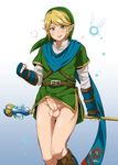  1boy belt blonde_hair blue_eyes blush boots bottomless elf erection fairy fingerless_gloves gloves hat link male_focus navi penis pointy_ears single_earring staff sweat testicles the_legend_of_zelda uncensored ygyg2200 