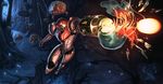  arm_cannon armor artist_name battle cave firing full_body helmet jose_juan_delgado_navarro jumping metroid metroid_(creature) mushroom outstretched_arm pauldrons power_armor revision samus_aran signature varia_suit visor watermark weapon 