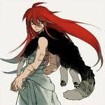  blurry cowboy_shot depth_of_field ebi_(16960094) expressionless grey_background highres long_hair pelt red_eyes red_hair sarashi scar shut_hell shut_hell_(character) simple_background sketch solo wolf_pelt 