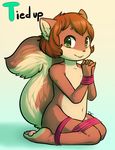  2017 ambiguous_gender anthro bdsm big_eyes bondage bound buckteeth cub drychicken english_text fluffy fluffy_tail fur green_eyes hair hands_tied legs_tied looking_at_viewer mammal navel nude red_fur red_hair rodent rope short_hair signature simple_background solo squirrel teeth text young 