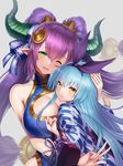  3: ;d bangs blue_hair blue_kimono blush bow breasts china_dress chinese_clothes cleavage cleavage_cutout closed_mouth commentary_request demon_horns double_bun dress eyebrows_visible_through_hair green_eyes grey_background hair_bow hairband horns hug japanese_clothes kimono large_breasts long_hair looking_at_viewer looking_back multiple_girls one_eye_closed open_mouth parted_lips petite pointy_ears purple_bow purple_hair simple_background smile soukyuu_no_skygalleon teeth twintails upper_body v v-shaped_eyebrows very_long_hair yagasuri yapo_(croquis_side) yellow_eyes 