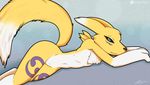  2017 anthro black_sclera blue_eyes canine digimon digital_media_(artwork) female fox fur looking_at_viewer mammal renamon simple_background solo tuft white_fur yellow_fur zekromlover 